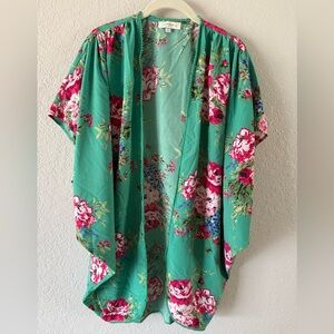 Umgee Size XL/1X Green Garden Floral Open Front Cocoon Style Cover-Up